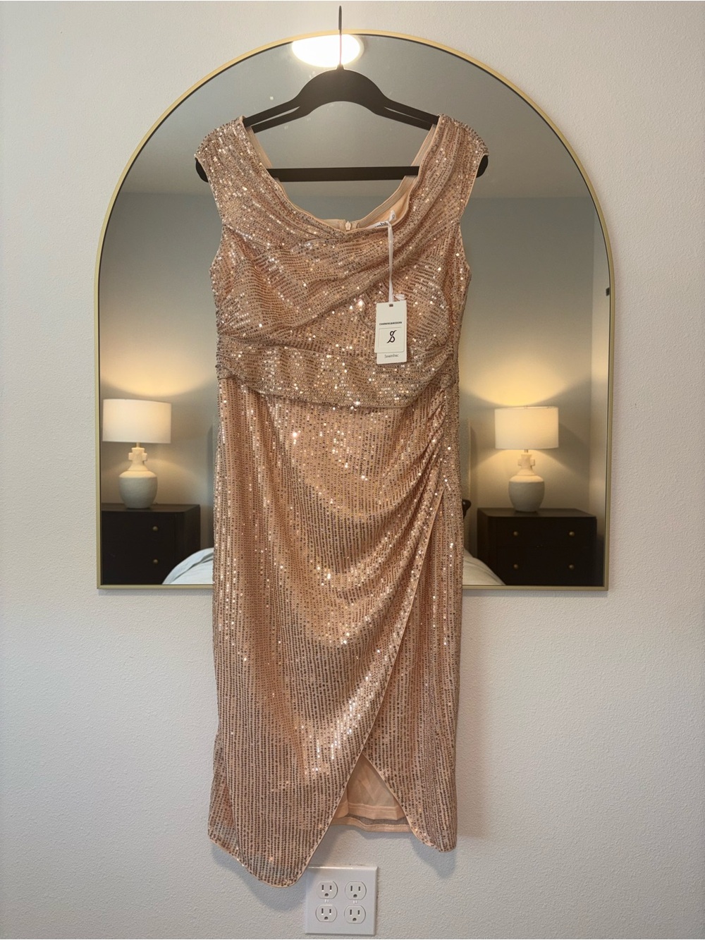 Sequin-Embellished Rose Gold Midi Dress with Draped Bodice
